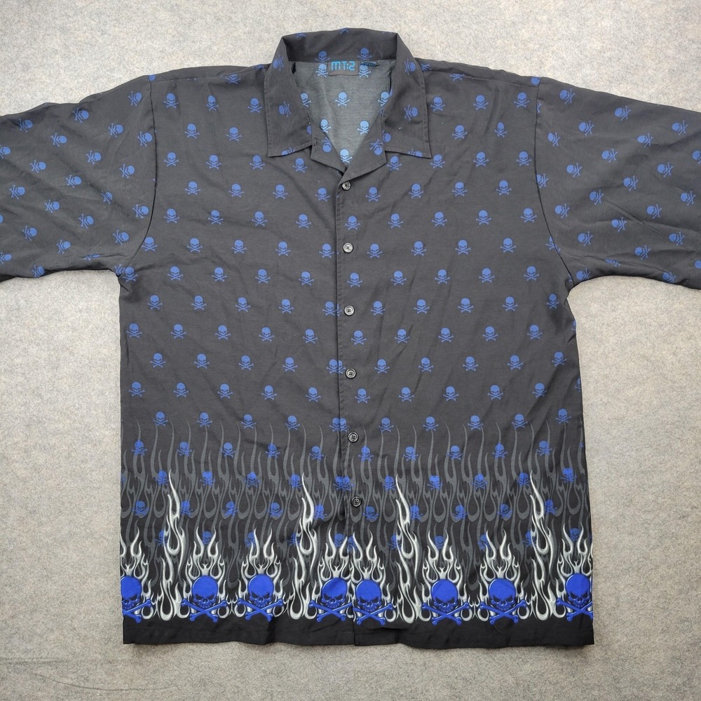 MT:2 Shirt Mens 3XL Vintage‎ Skull Flames Button Front Short Sleeve Biker Casual